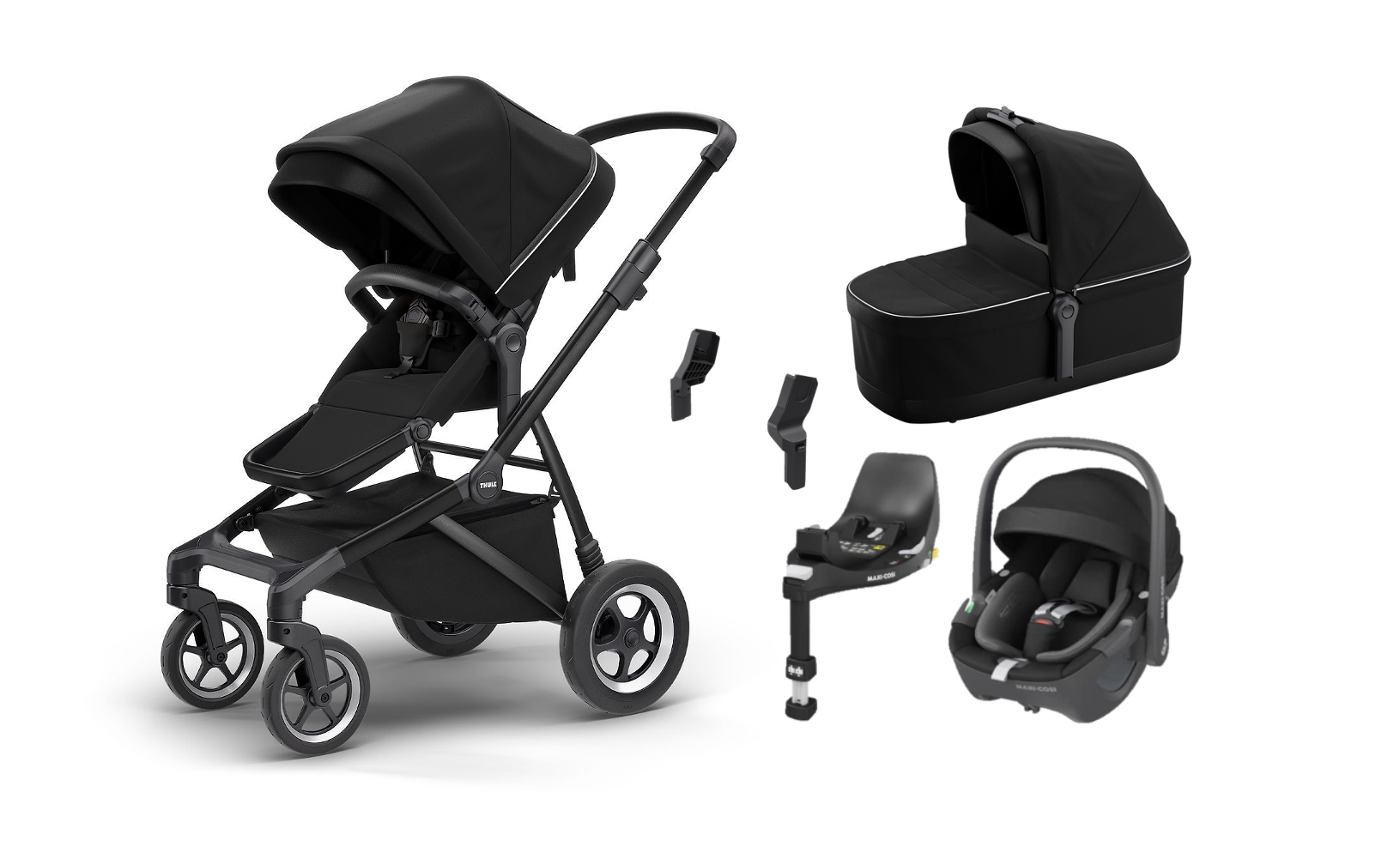 Thule Sleek on Black with a Bassinet and Car Seat Combo