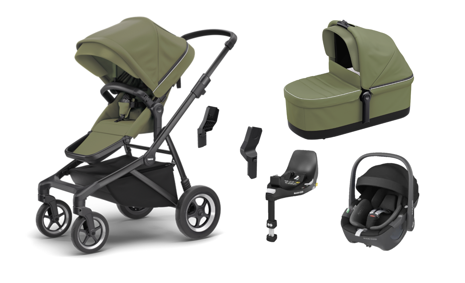 Thule Sleek on Black with a Bassinet and Car Seat Combo